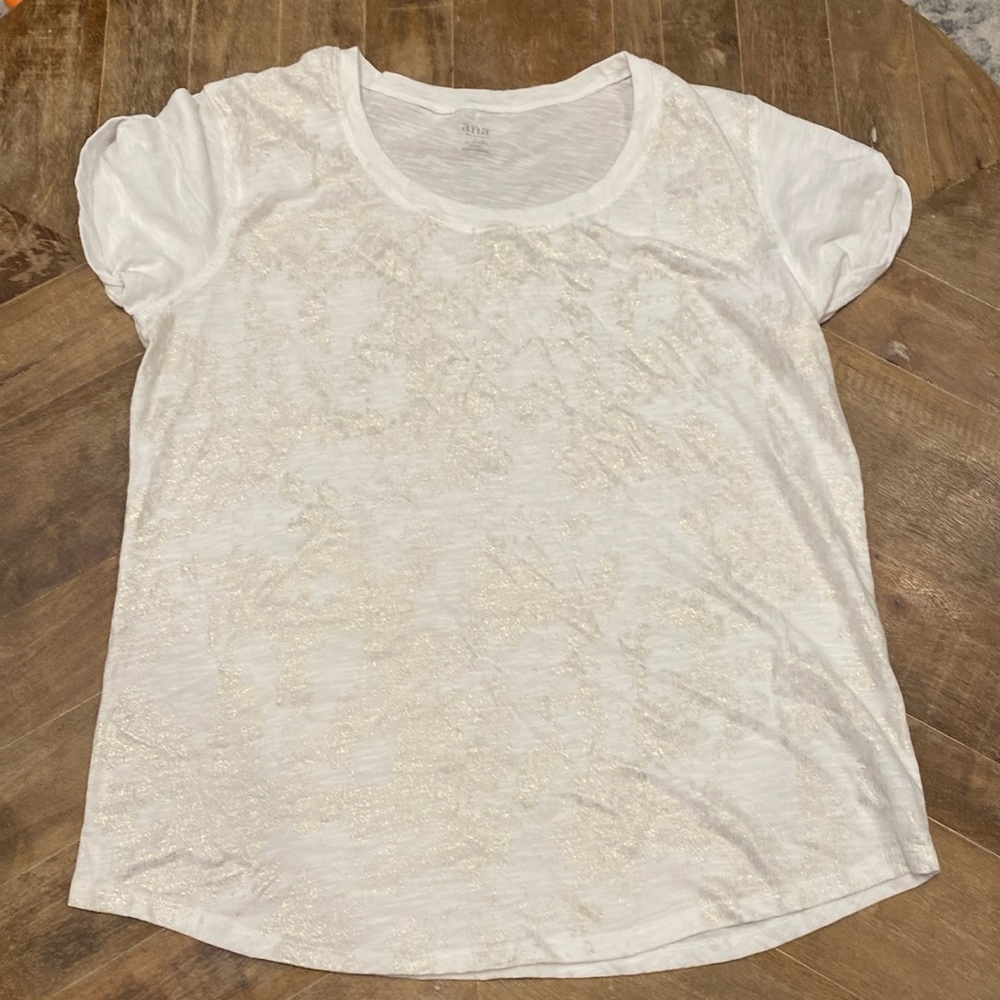 Ana Off-White and Good Shimmery Cap-Sleeve Slightly Sheer T-Shirt [Size: L]